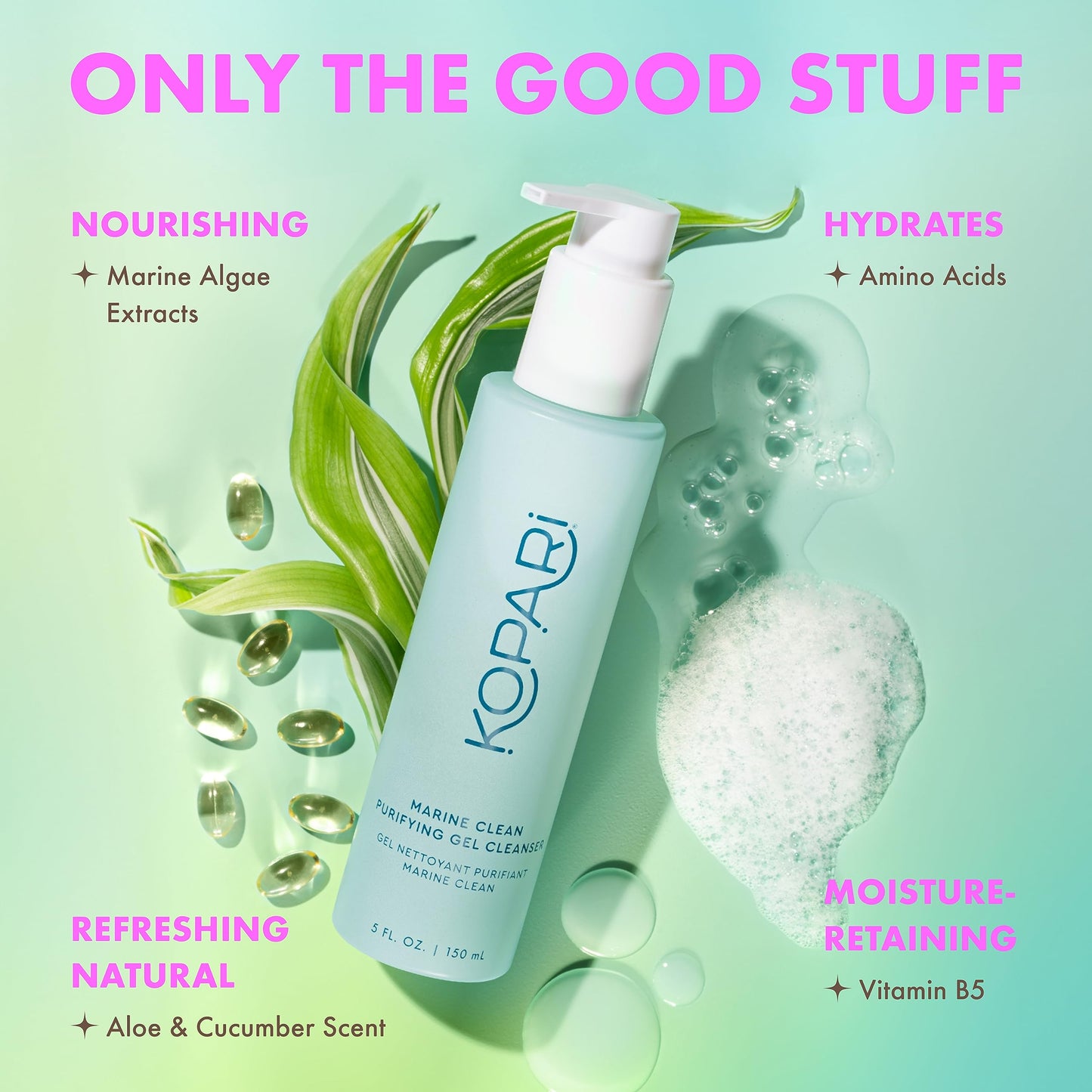 Kopari Marine Clean Purifying Gel Cleanser, Infused with Amino Acids & Vitamin B5, Dual-Action Gel-to-Foam Cleanser, Gentle and Nourishing, 5 oz | New Beauty & Personal Care Kopari