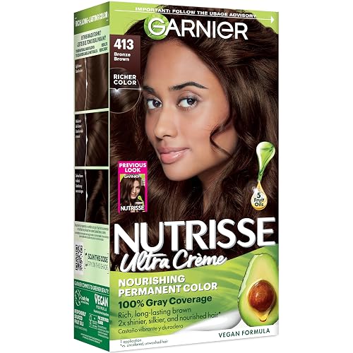 Garnier Nutrisse Ultra Crème Hair Color, Permanent Hair Dye with 100% Gray Coverage, Vegan & Cruelty-Free, 413 Bronze Brown (Bronze Sugar), 1 Count Beauty & Personal Care Garnier