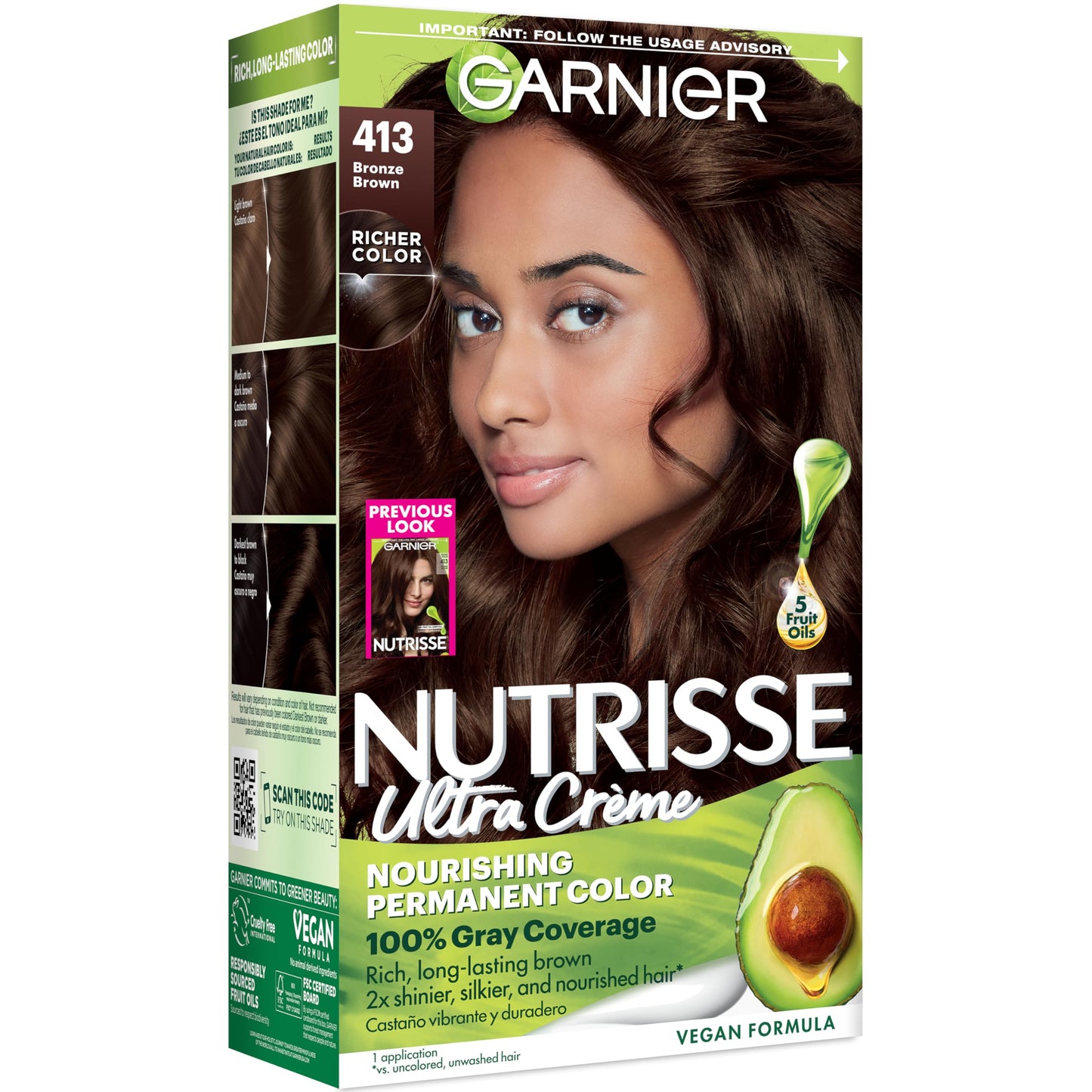 Garnier Nutrisse Ultra Crème Hair Color, Permanent Hair Dye with 100% Gray Coverage, Vegan & Cruelty-Free, 413 Bronze Brown (Bronze Sugar), 1 Count Beauty & Personal Care Garnier