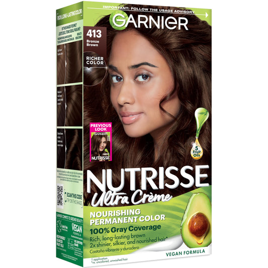 Garnier Nutrisse Ultra Crème Hair Color, Permanent Hair Dye with 100% Gray Coverage, Vegan & Cruelty-Free, 413 Bronze Brown (Bronze Sugar), 1 Count