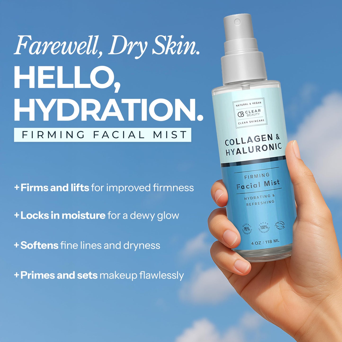 Clear Beauty Hyaluronic Acid & Collagen Face Mist - Dermatologist Tested, Moisturizes & Tones Skin, Anti-Aging, Natural Ingredients, Cruelty-Free, 95% Beauty & Personal Care Clear Beauty