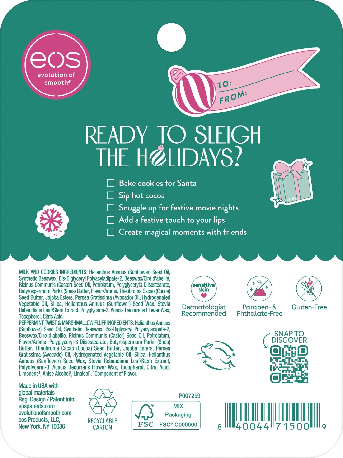 eos Holiday 24H Moisture Mini Super Balm Set, Peppermint Twist, Milk & Cookies, Marshmallow Fluff, Limited Edition Lip Care, Stocking Stuffers, 0.24 Beauty & Personal Care eos