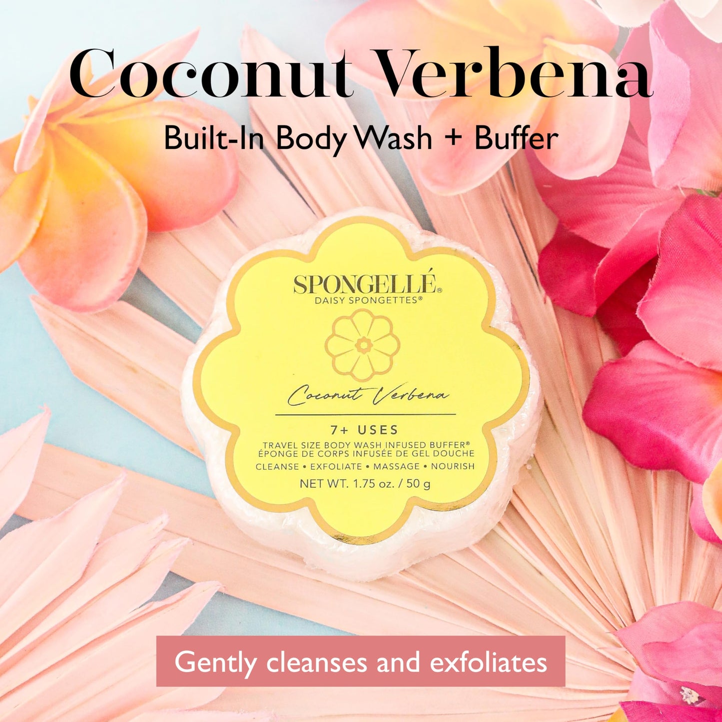 Spongellé Coconut Verbena Daisy Spongette Bath Sponge - Built-in Body Wash & Body Scrubber, Shower Loofah Sponge for Women, Travel Essentials - 7+ Beauty and Personal Care SPONGELLÉ