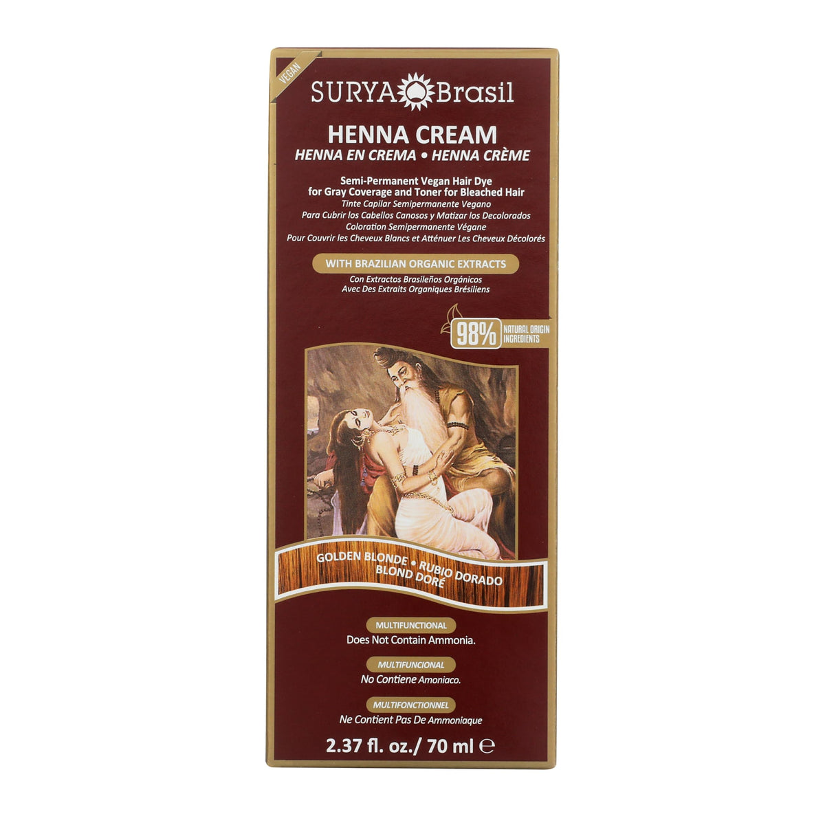 Surya Brasil Henna Cream Golden Blonde - 98% Natural Ingredients, Vegan, Cruelty-Free, Eco-Friendly, Semi-Permanent Hair Color, Deep Hydration &