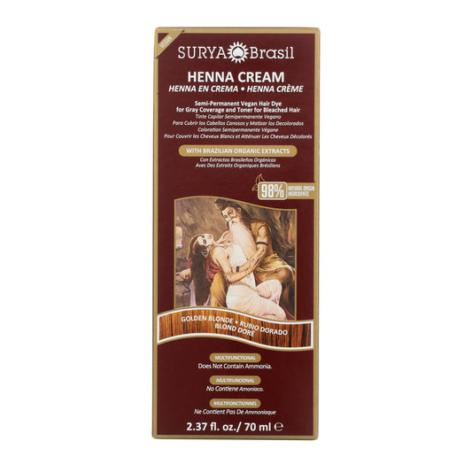 Surya Brasil Henna Cream Golden Blonde - 98% Natural Ingredients, Vegan, Cruelty-Free, Eco-Friendly, Semi-Permanent Hair Color, Deep Hydration &