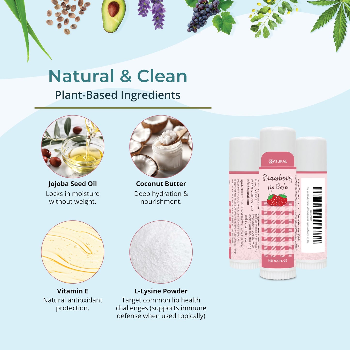 Zatural Strawberry Lip Balm with Shea Butter, Jojoba Oil, Lysine Large 0.5oz - Plant-Based Moisture with Rosehip and Vitamin E - Travel Friendly Beauty and Personal Care Zatural