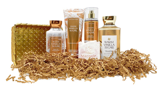 Bath & Body Works Warm Vanilla Sugar Gold Woven Basket 4 Piece Gift Set - Fine Fragrance Mist, Body Lotion, Shower Gel and Body Cream with a Himalayan Beauty and Personal Care Bath & Body Works