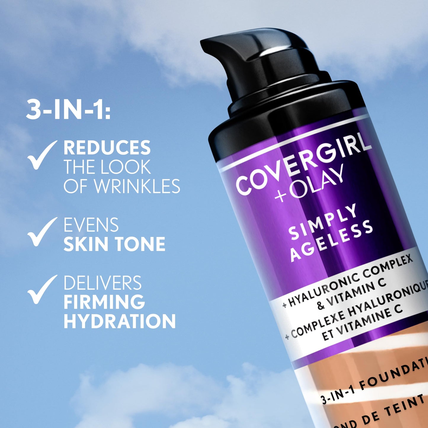 COVERGIRL & Olay Simply Ageless 3-in-1 Liquid Foundation, Matte Finish, Hyaluronic & Vitamin C Formula, 220 Creamy Natural, 1 Count Beauty & Personal Care COVERGIRL