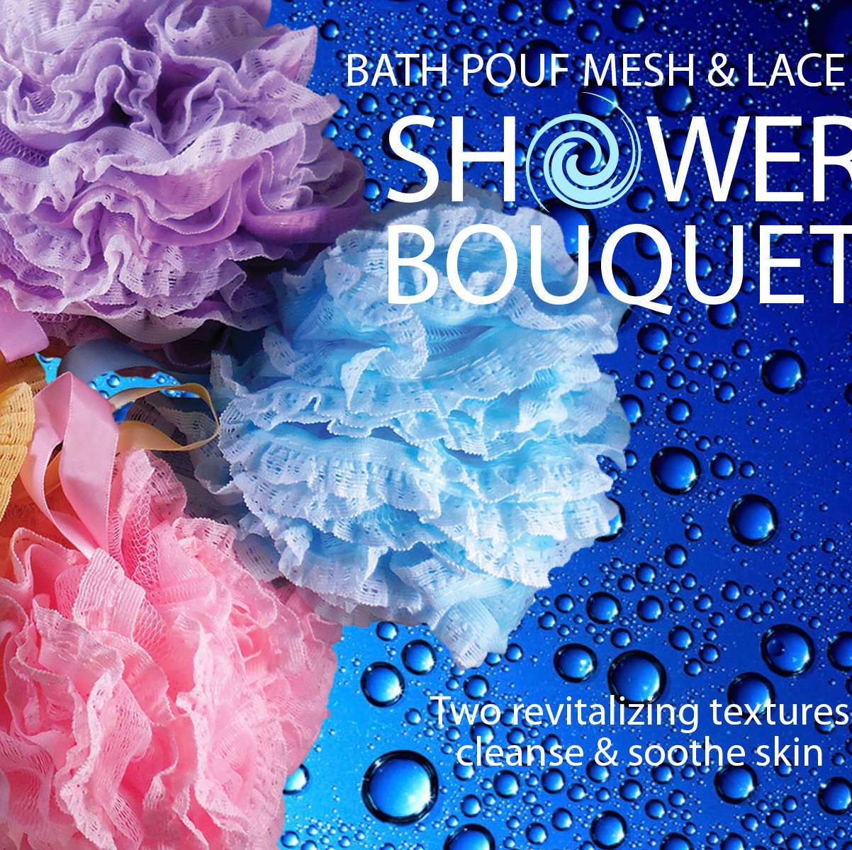 Loofah-Bath-Sponge Lace-Mesh-Set // 2-Scrubs-in-1 by Shower Bouquet/Large Full 60g Pouf (4 Pack Spa Colors) Body Luffa Loofa Loufa Puff - Exfoliate Beauty & Personal Care Shower Bouquet