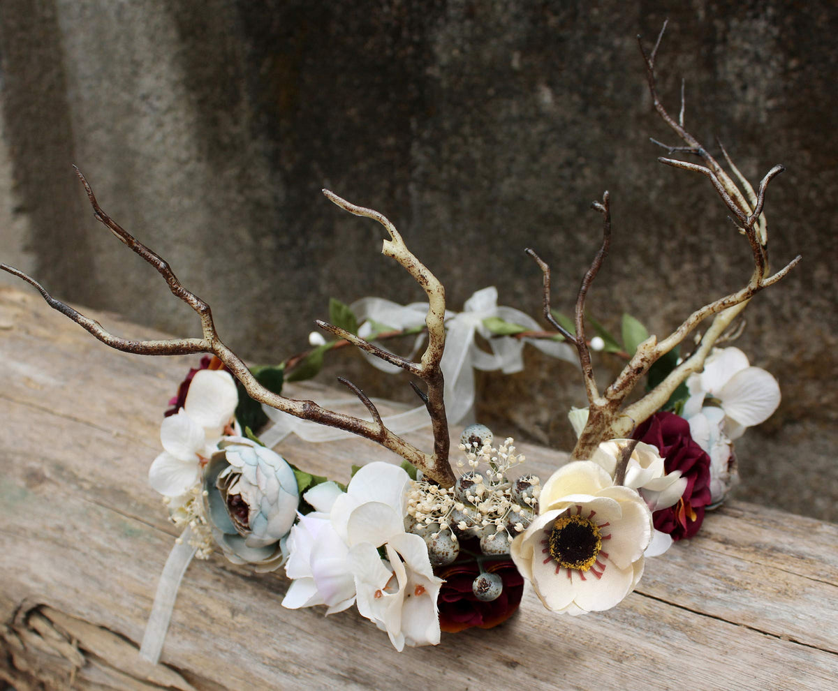 LLinfflr Deer Antler Hair Band with Flowers Hair Hoop Floral Headband Halo