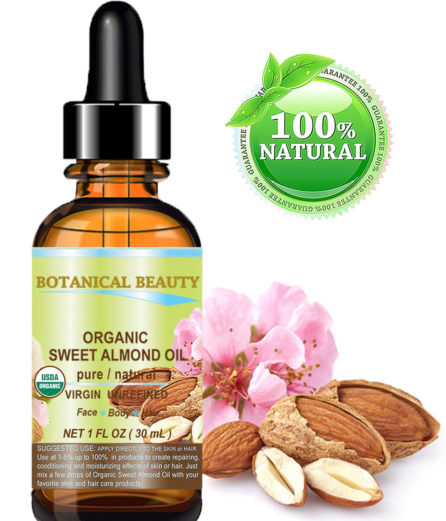 Botanical Beauty Organic SWEET ALMOND OIL 100% Pure Natural Virgin Unrefined Undiluted Cold Pressed Carrier Oil for Face, Skin, Body, Hair, Massage Beauty & Personal Care Botanical Beauty