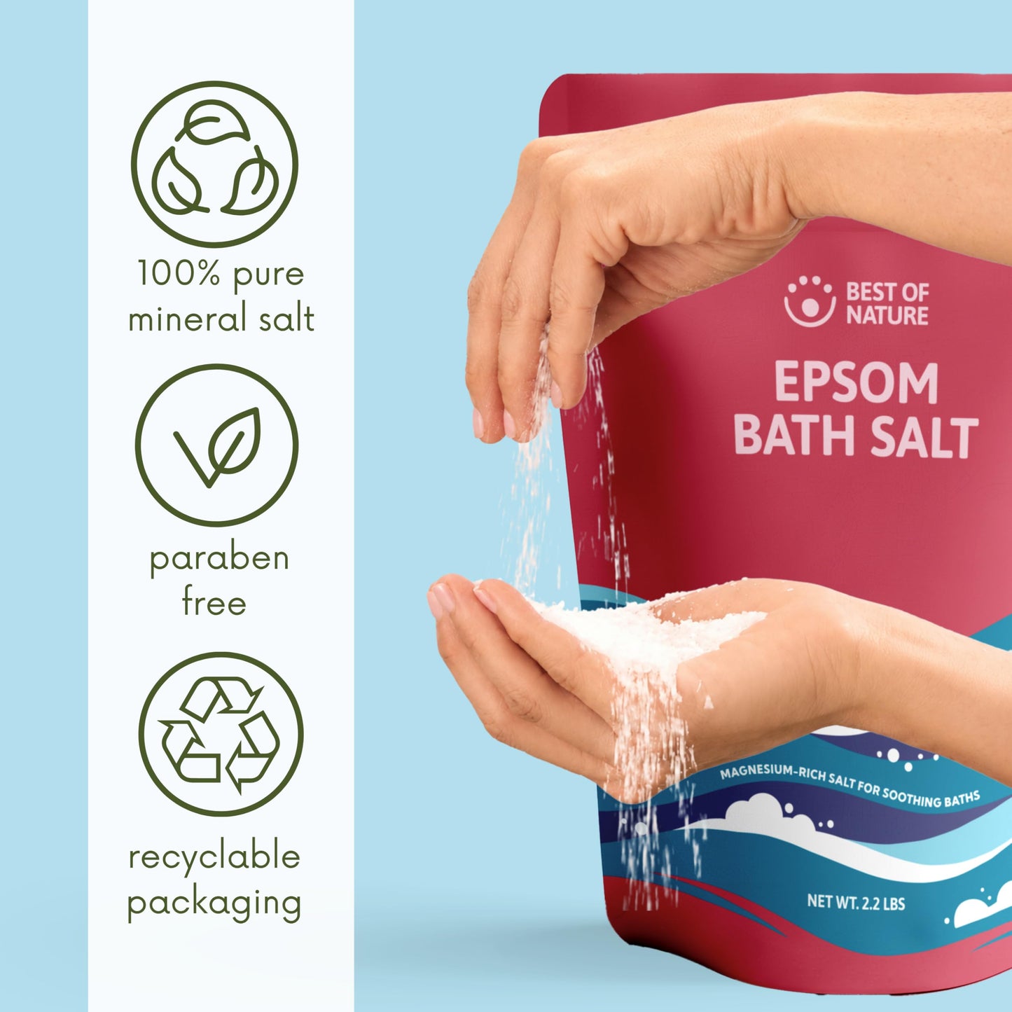 Best of Nature Epsom Salt 2.2 lb Fine Grain Bath Soak Salt, Unscented Magnesium Sulfate, Resealable Bag, Made in the USA Beauty and Personal Care Best of Nature