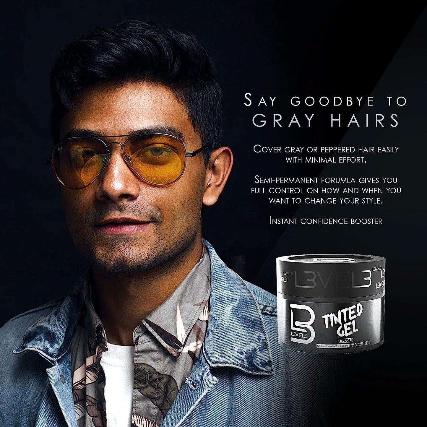 L3 Level 3 Black Tinted Hair Gel - Cover Grays Instantly & Style with Strong Hold - Temporary Color - Adds Volume, Texture & Shine - Flake-Free Beauty & Personal Care L3
