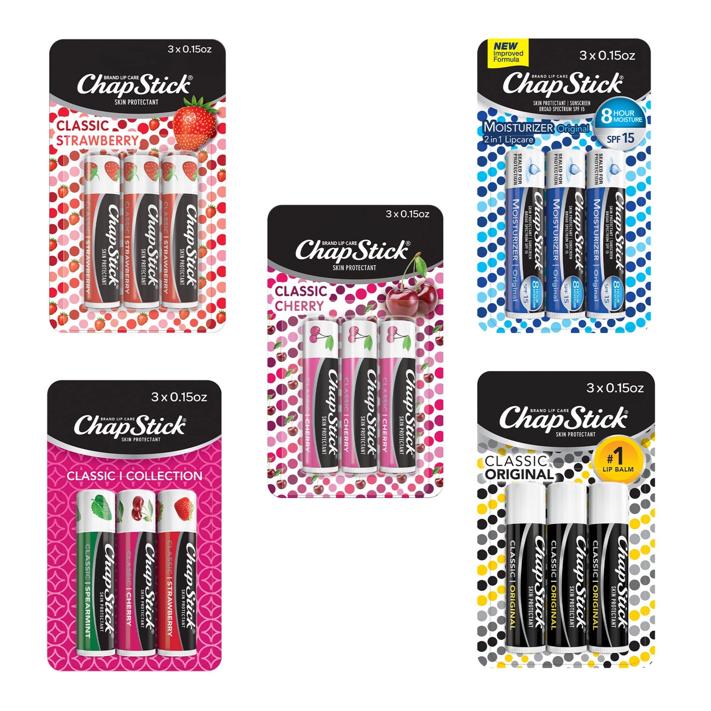 ChapStick Classic Collection Flavored Lip Balm Tubes Pack, Lip Moisturizer - 0.15 Oz (Box of 5 Packs of 3) Beauty and Personal Care ChapStick