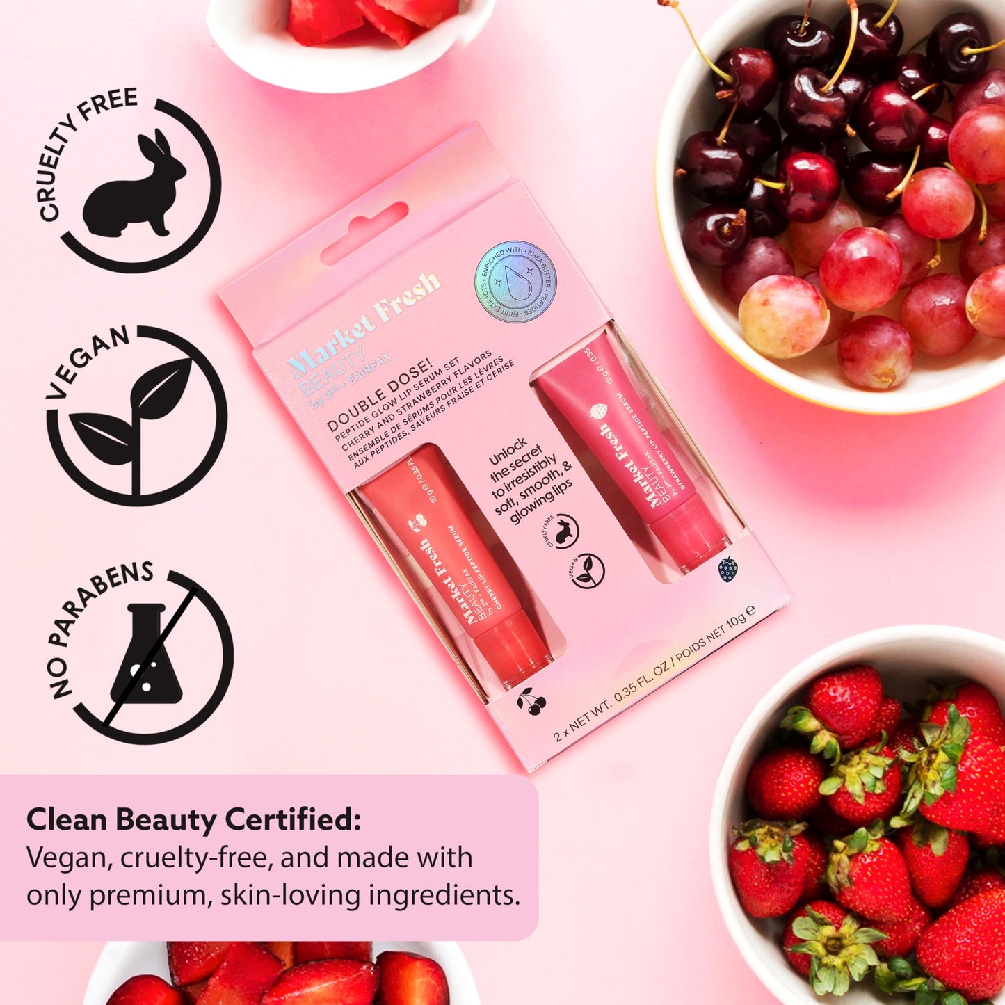 Peptide Glow Lip Serum Set by Market Fresh Beauty - Double Dose Hydrating Lip Care, Cherry & Strawberry Flavors, Vegan, Cruelty-Free, Clean Beauty and Personal Care Market Fresh Beauty