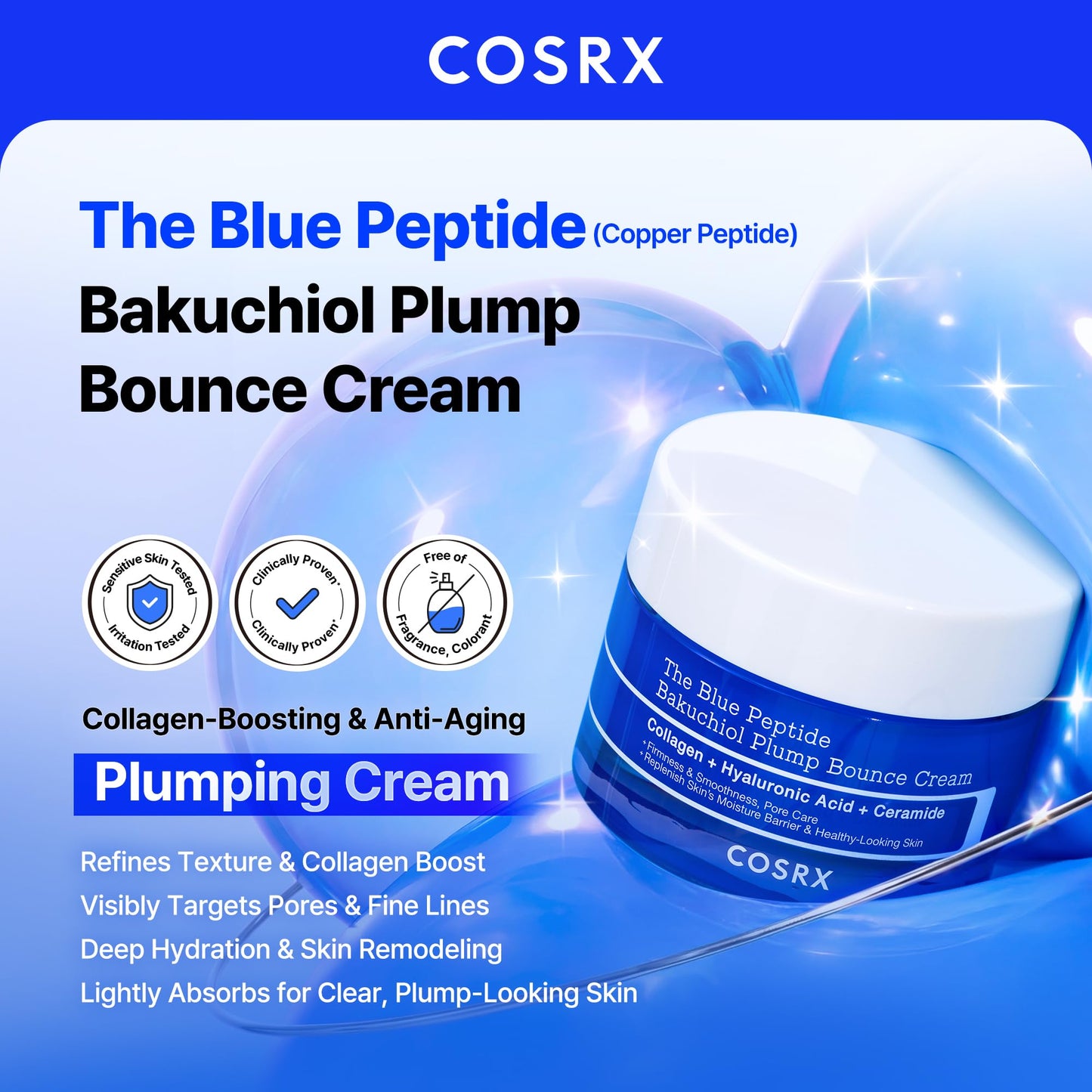 COSRX The Blue Copper Peptide Bakuchiol Cream, GHK-Cu, 5 Multi Peptide Anti-Aging Cream for Face & Body, Lightweight Moisturizer for Plumping Beauty and Personal Care COSRX