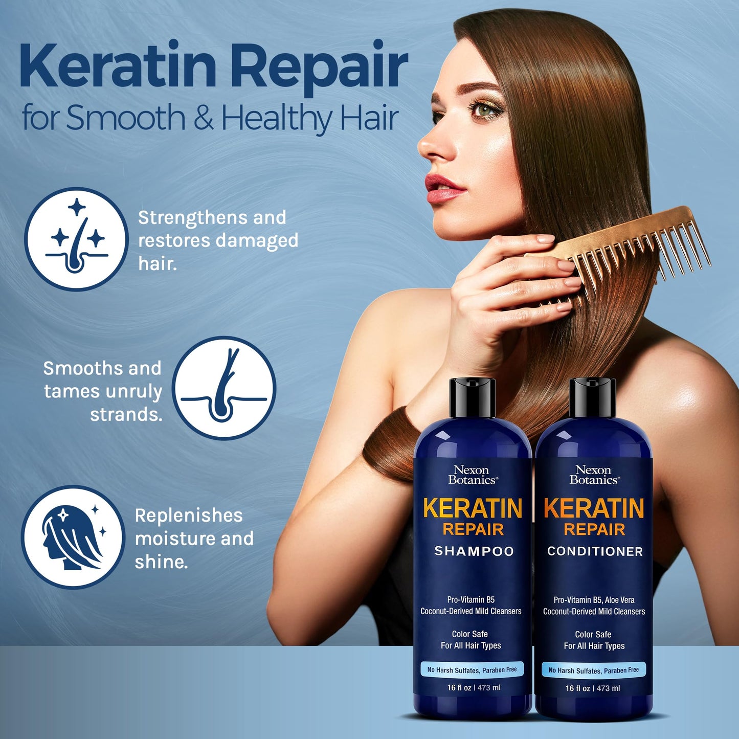 Keratin Shampoo and Conditioner Set 16 fl oz Each - Strengthening & Smoothing Care for Dry, Damaged, Frizzy or Keratin-Treated Hair - Color Protecting Beauty & Personal Care Nexon Botanics