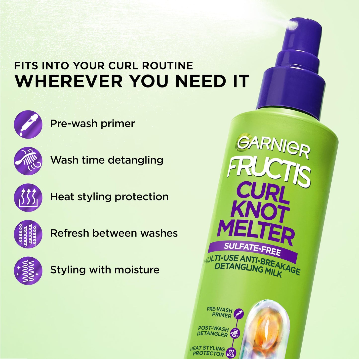 Garnier Fructis Curl Knot Melter Multi-Use Anti-Breakage Detangling Milk, Moisturizing Detangler Spray and Heat Protectant For All Curl Types, Made Beauty and Personal Care Garnier