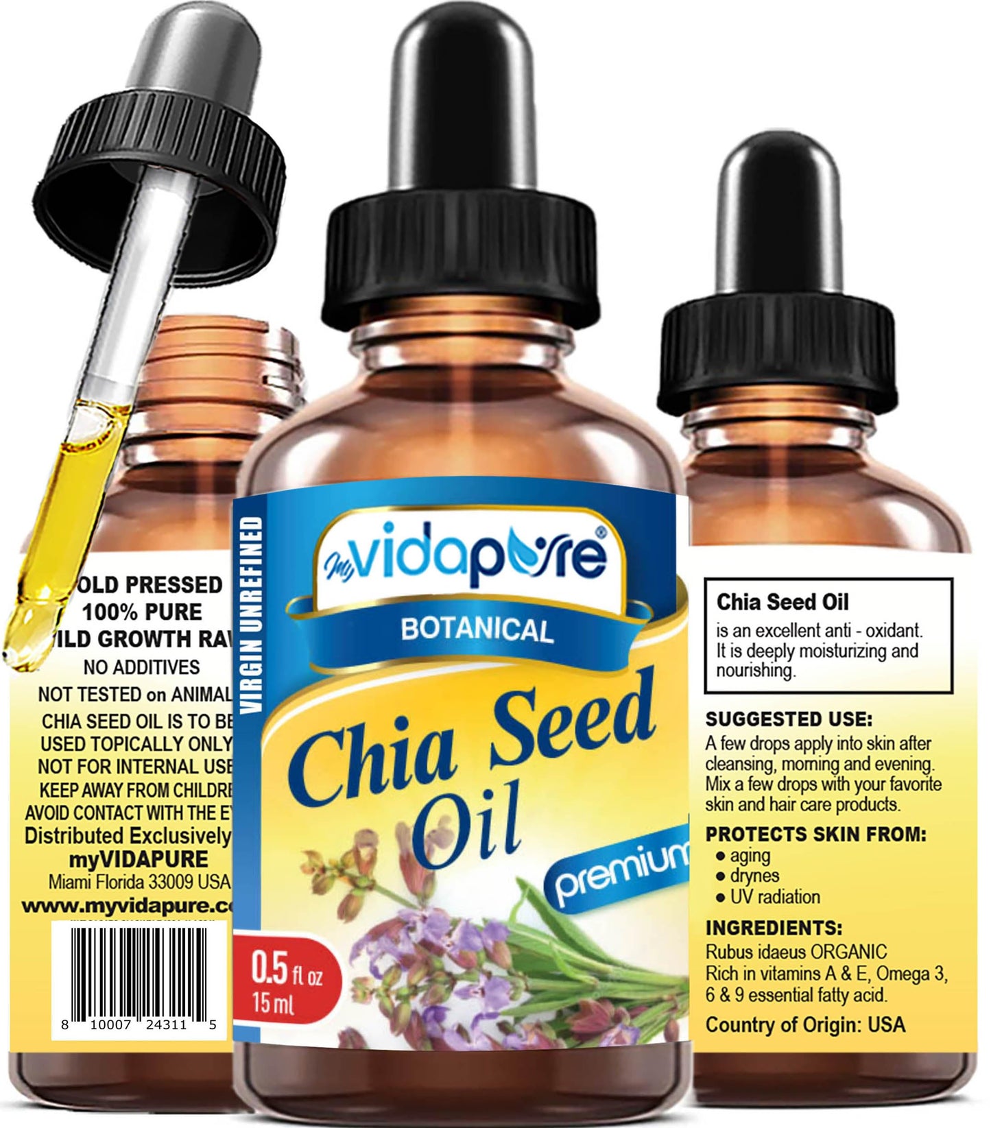 MYVIDAPURE CHIA SEED OIL Pure Natural Undiluted Refined Cold Pressed Carrier Oil for Skin, Face, Hair, Lip and Nail Care Anti-Aging (0.5 Fl Oz) Beauty & Personal Care MYVIDAPURE