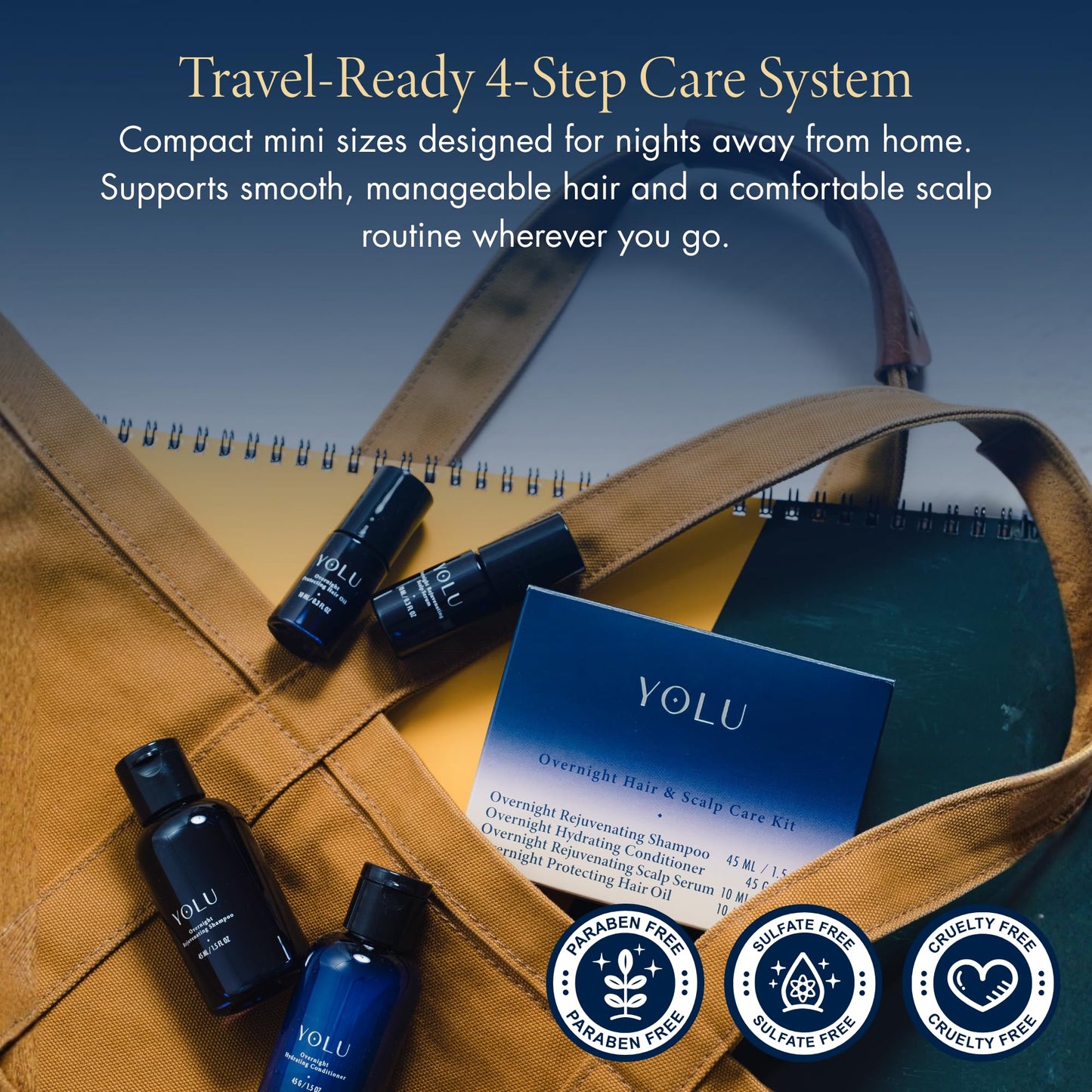 YOLU - Travel Size Hair Care Kit - Japanese Hair Care Starter Kit - Overnight Scalp Serum, Hair Oil, Shampoo & Conditioner - Travel Toiletries - Gift Beauty & Personal Care YOLU