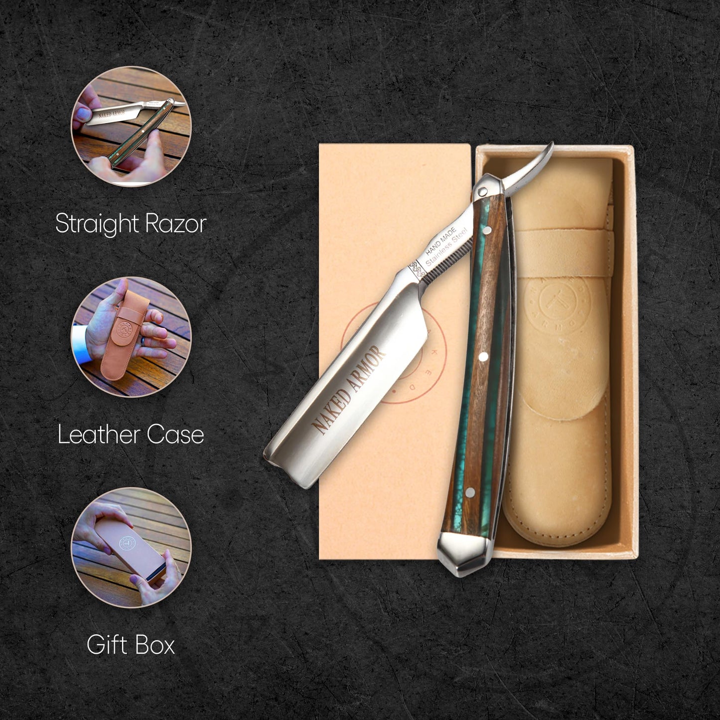 Naked Armor Safir Straight Razor for Men - Shave Ready 7/8" Barber's Notch Japanese Stainless Steel Straight Edge Razor, Sandalwood Scale, Beard Beauty and Personal Care Naked Armor