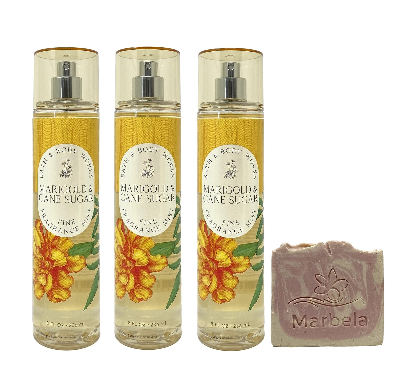 Bath & Body Works Marigold & Cane Sugar 3 Pack Fine Fragrance Mist with a Himalayan Salts Springs Sample Soap. Beauty and Personal Care Bath & Body Works