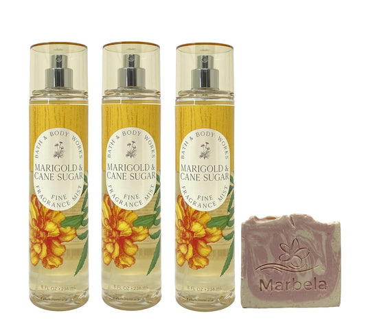 Bath & Body Works Marigold & Cane Sugar 3 Pack Fine Fragrance Mist with a Himalayan Salts Springs Sample Soap. Beauty and Personal Care Bath & Body Works