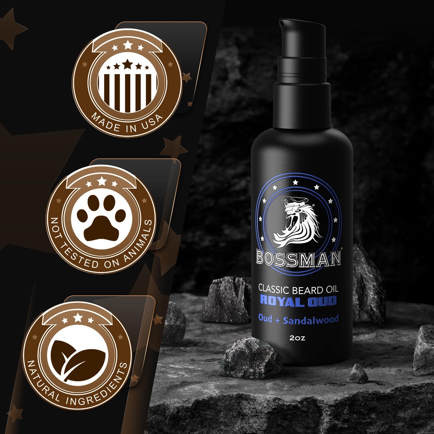 Bossman Organic Mustache & Beard Oil for Men, 2 oz - Natural Beard Moisturizer with Jojoba, Argan & Avocado Oils (Royal Oud Scent) Beauty and Personal Care Bossman