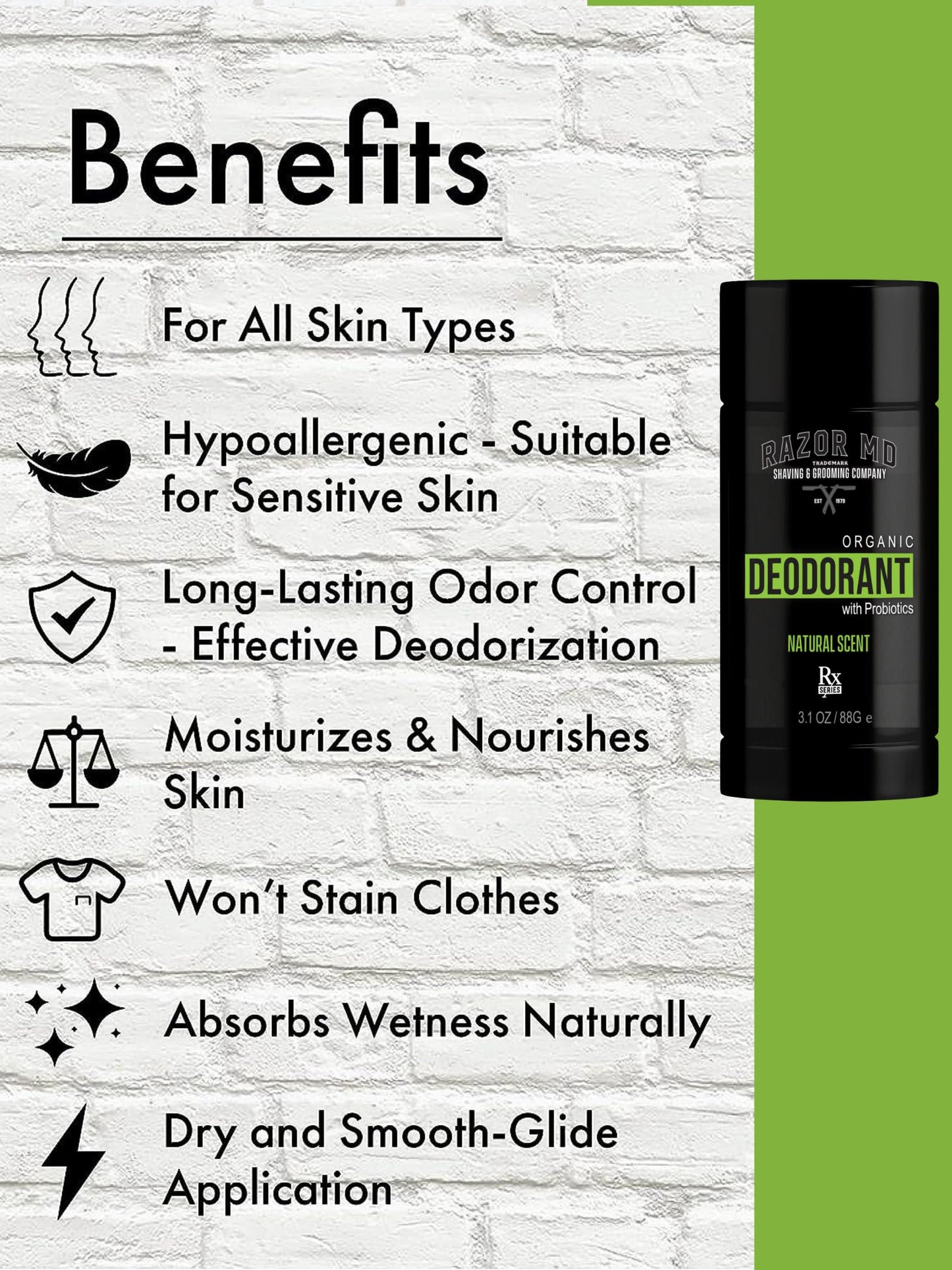 Razor MD Deodorant with Probiotics, Underarm Skincare Deo for Men, 3.1 oz Beauty and Personal Care Razor MD