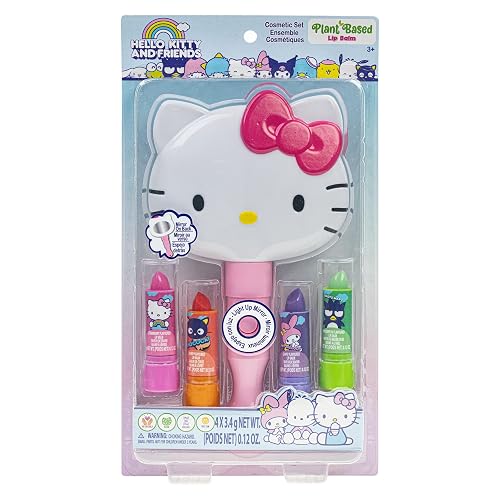 Hello Kitty 4pk Lip Balm Light Up Mirror and Hair Set Bundle with Hello Kitty Stickers Beauty & Personal Care Hello Kitty