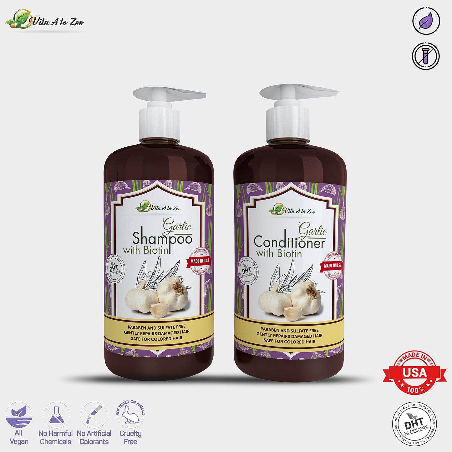 Vita A to Zee Garlic Hair Shampoo & Conditioner with Anti DHT Blocker - Garlic Natural Hair Treatment for Hair Growth, Loss, Thinning & Itchy Scalp Beauty & Personal Care Vita A to Zee