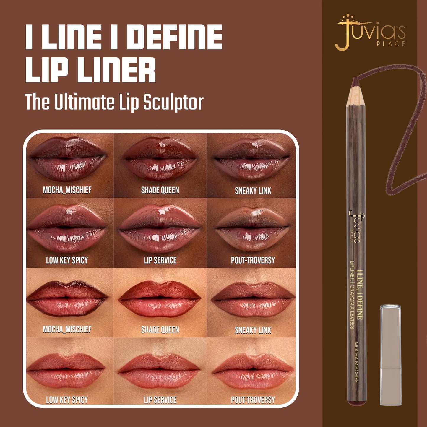 Juvia's Place I Line I Define Lip Liner - Mocha Mischief - Long-Lasting Lip Liner with Hydrating Formula, Smooth Glide, Sharpenable Pencil for Precise Beauty & Personal Care Juvia's Place
