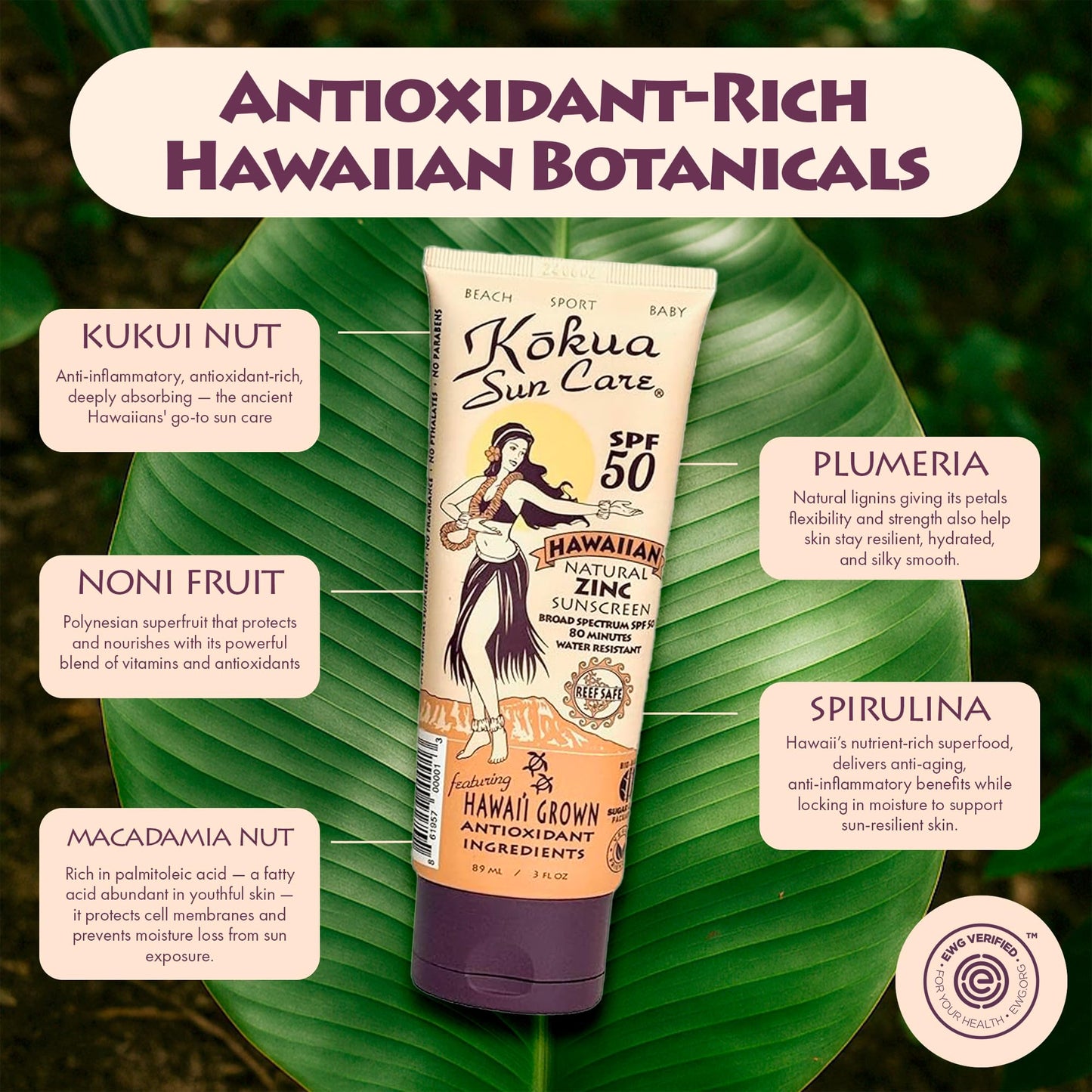 Kokua Sun Care Hawaiian Reef Safe Sunscreen SPF 50 | 3 oz | Zinc Oxide | Mineral Sunscreen | Face & Body | Moisturizing Sun Protection | Water Beauty & Personal Care Kokua Sun Care