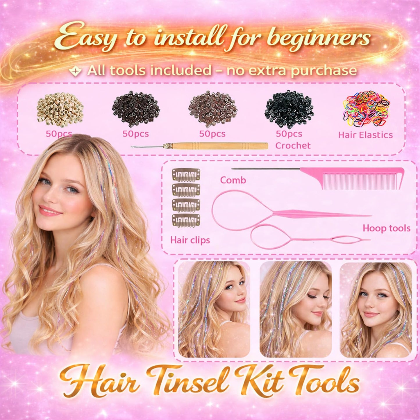 Pink Hair Tinsel, 8 Pcs Fairy Hair Tinsel Kit for Girls Women Beauty and Personal Care Rootoo