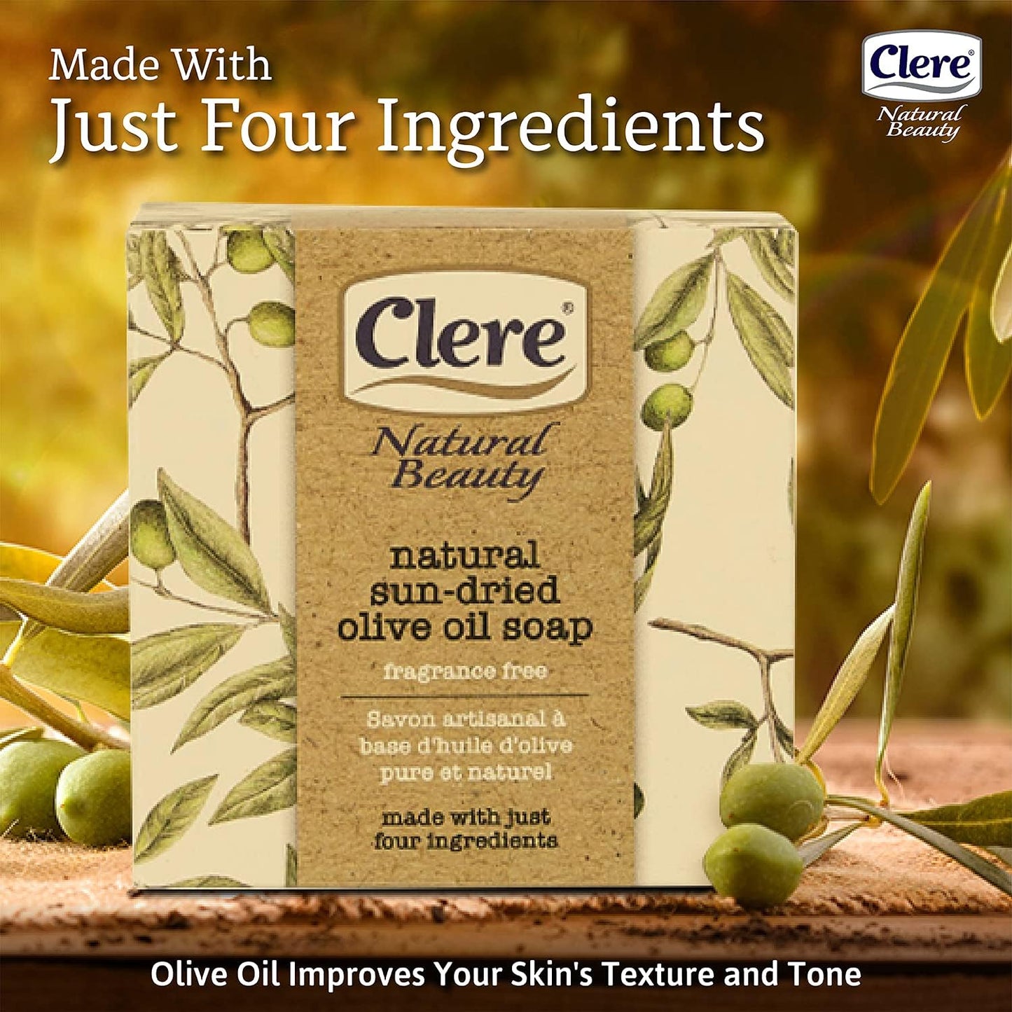 CLERE Natural Olive Oil Soap Bar - Handmade with 100% Natural Ingredients Gentle & Fragrance-Free, 200 Grams - Pack of 6 Beauty & Personal Care CLERE