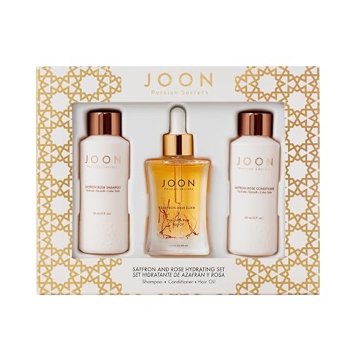 Joon Moisturizing Travel Size Gift Set | Saffron Hair Elixir (1.11 fl oz), Saffron Rose Shampoo (2 fl oz) and Conditioner (2 fl oz) Beauty & Personal Care Joon