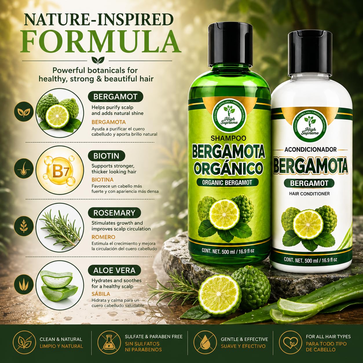 Shampoo Organic Bergamot + Conditioner (16.9 fl oz) with Aloe Vera & Rosemary | SHAMPOO ORGÁNICO BERGAMOTA con Sábila & Romero + Acondicionador - 500 Beauty & Personal Care HIGH SUPREME