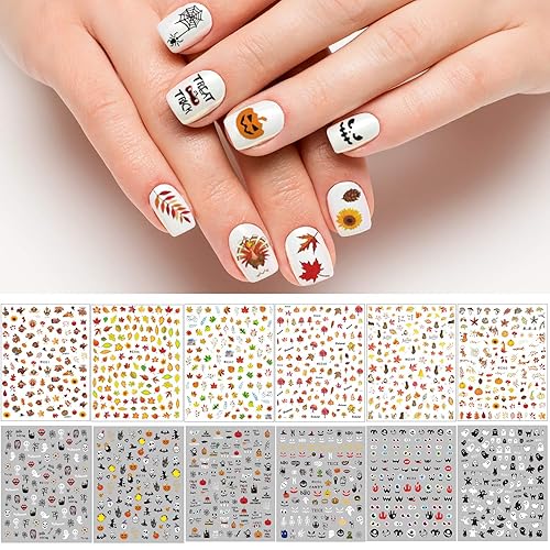 Adurself 1000+ Patterns Halloween and Autumn Fall Nail Art Decals Pumpkin Maple Leaves Nail Self-Adhesive Stickers Spider Web Bat for Women Girls Nail Beauty & Personal Care Adurself