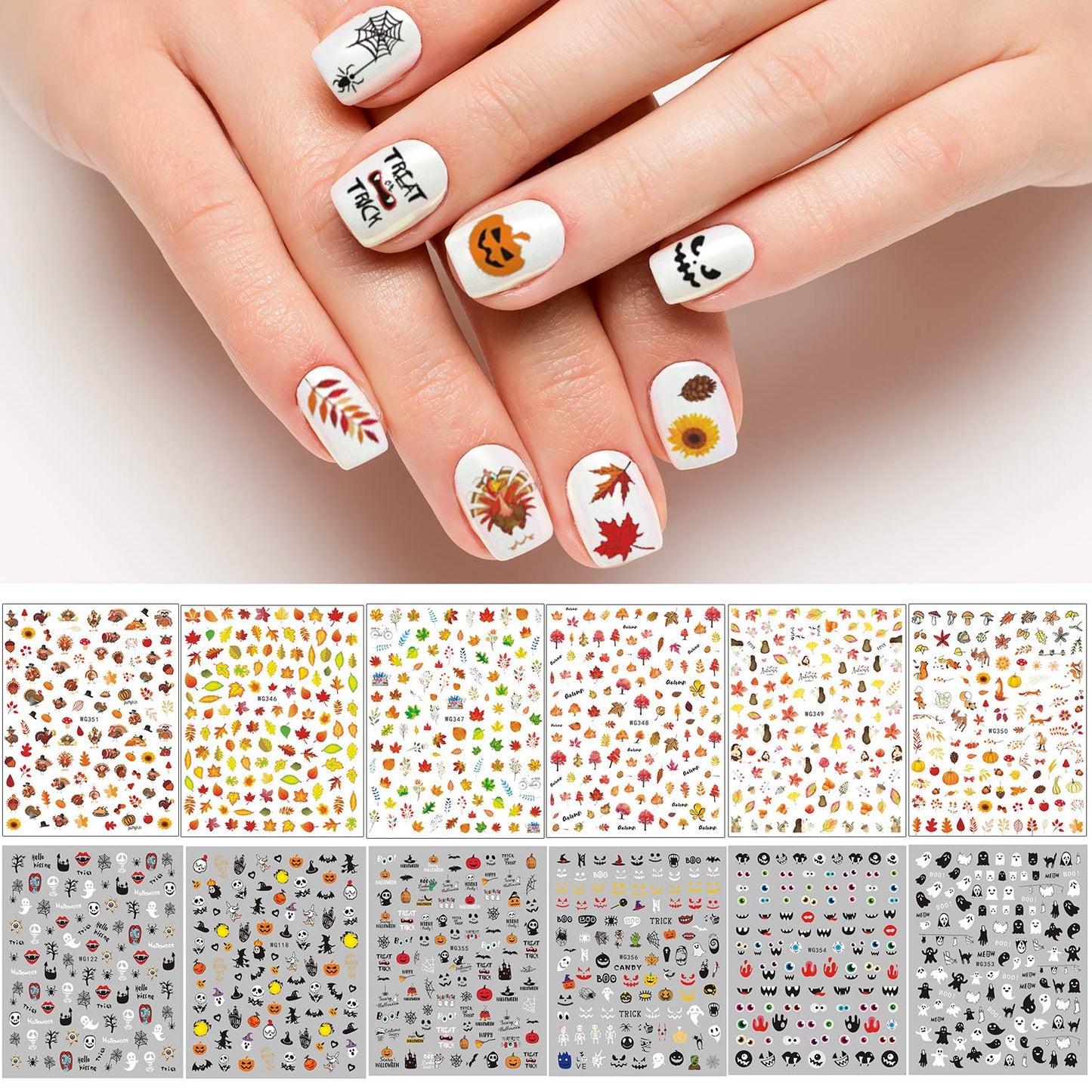 Adurself 1000+ Patterns Halloween and Autumn Fall Nail Art Decals Pumpkin Maple Leaves Nail Self-Adhesive Stickers Spider Web Bat for Women Girls Nail Beauty & Personal Care Adurself
