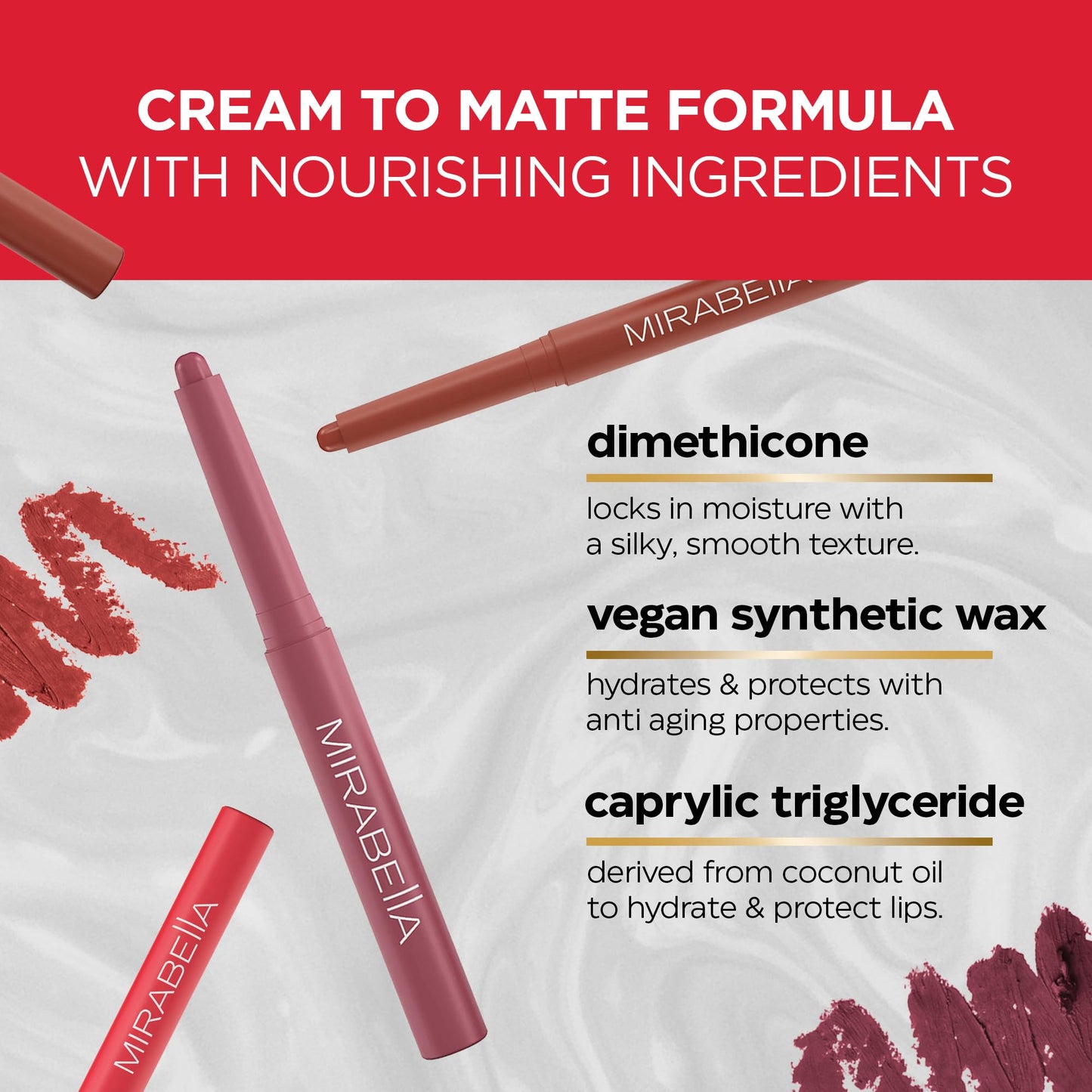 Mirabella - Velvet Matte Lip Crayon, Retractable Highly-Pigmented 2-in-1 Makeup, Long-Lasting Hydrating Lipstick Crayon + Lip Liner, Moisturizing Beauty & Personal Care Mirabella