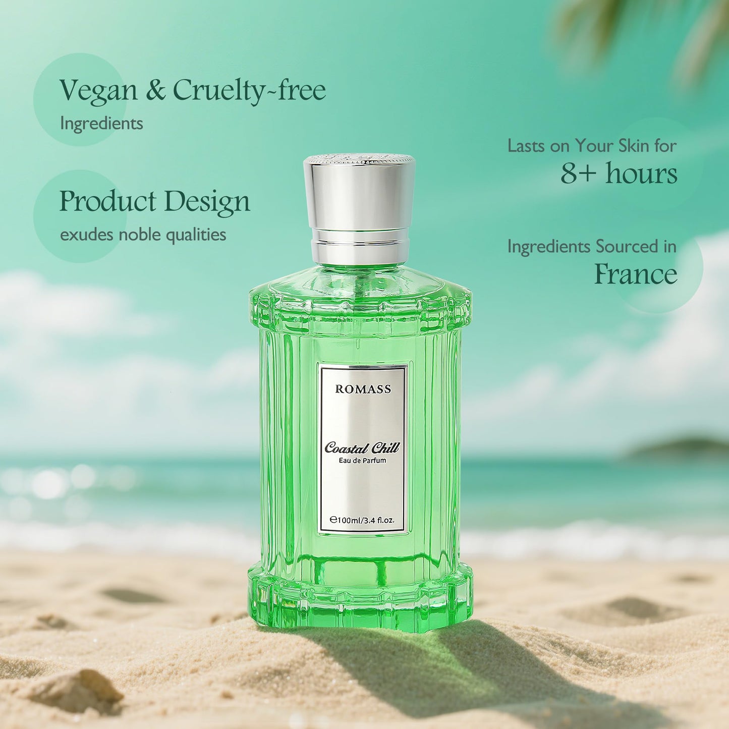 ROMASS Coastal Chill Eau de Parfum 8+hours Unisex Fragrance with Frosted Bergamot, Tidepool Moss & Sun-Bleached Ambergris | 3.4oz/100ml Beauty & Personal Care ROMASS
