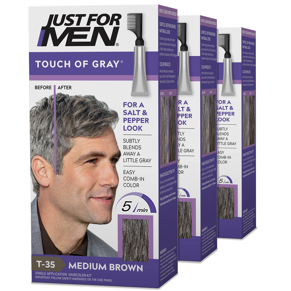 JUST FOR MEN Touch of Gray, Salt & Pepper Look, Medium Brown T-35 (3 Pack)