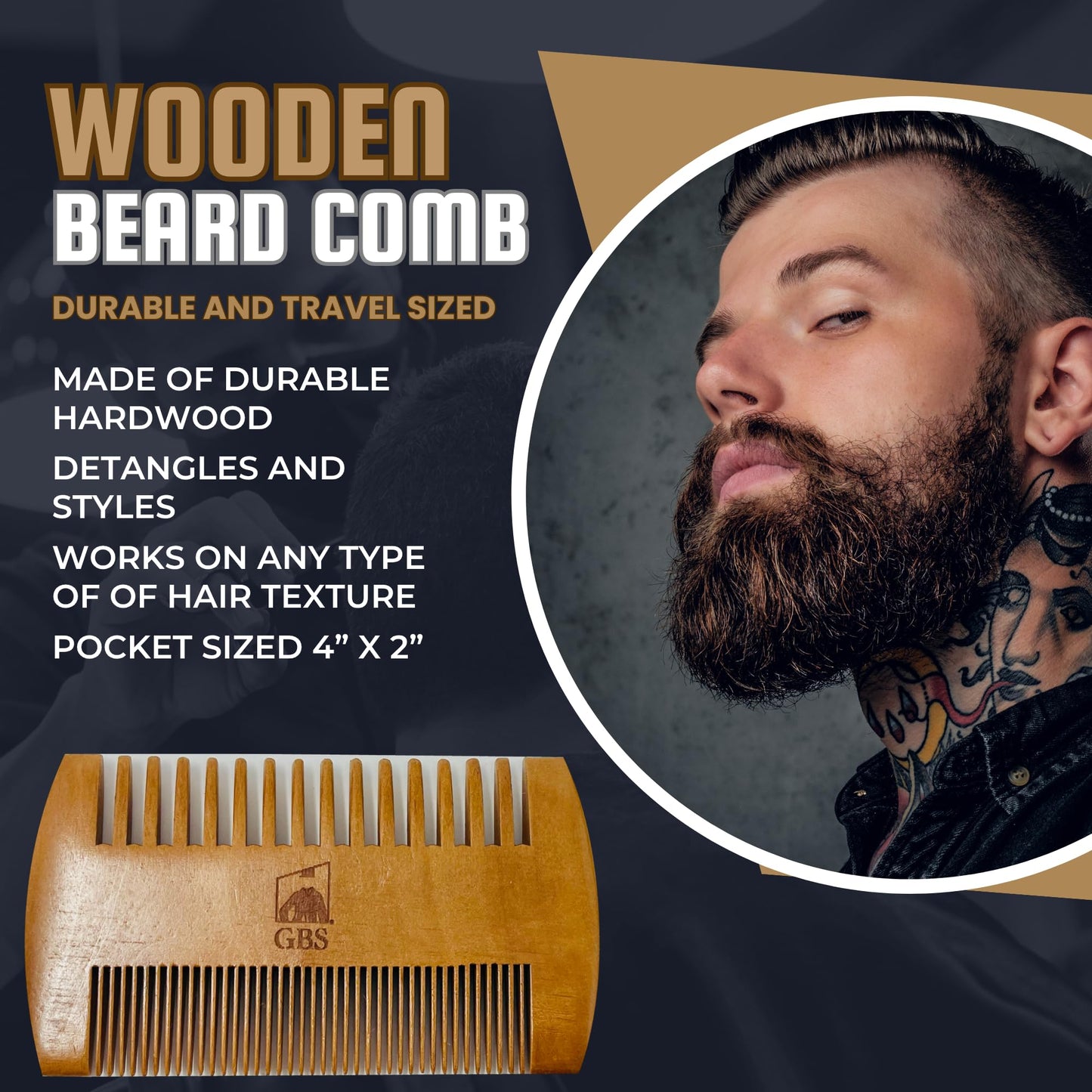G.B.S Premium Beard Grooming Set - Wooden Handle Boar Bristle Beard Brush, Bamboo Wood & Tortoise Pocket Combs for Men Beauty and Personal Care G.B.S