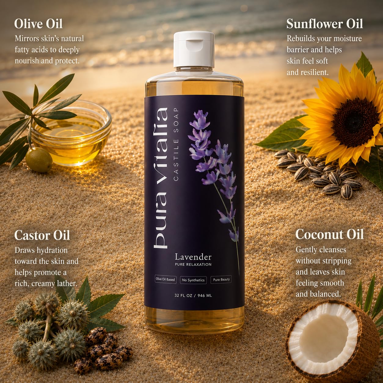 Pura Vitalia Lavender Organic Castile Soap Body Wash | Made with Organic Aloe Vera for Sensitive & Dry skin | No SLS, Parabens, or Synthetic Fragrance Beauty & Personal Care Pura Vitalia