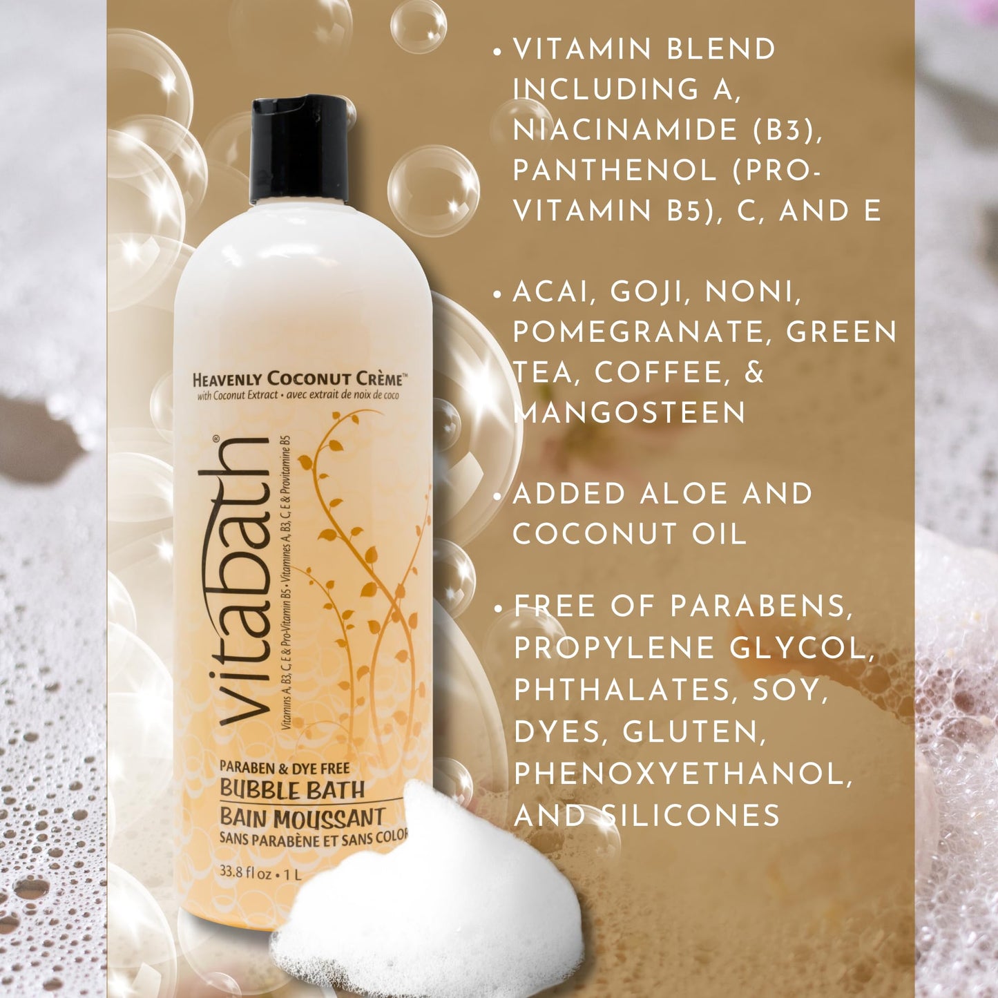 Vitabath Heavenly Coconut Crème Bubble Bath Rich Foaming Bubbly Soak & Relaxing Aromatherapy Moisturizing & Nourishing Indulgent Suds for Women & Men Beauty & Personal Care Vitabath