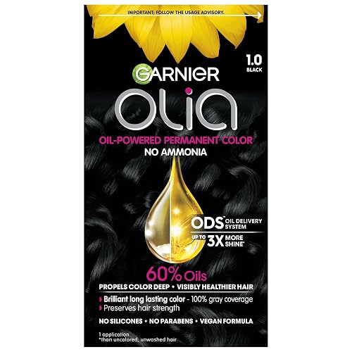 Garnier Olia Ammonia-Free Brilliant Color Oil-Rich Permanent Hair Color, 1.0 Black (Pack of 1) Black Hair Dye (Packaging May Vary) Beauty & Personal Care Garnier