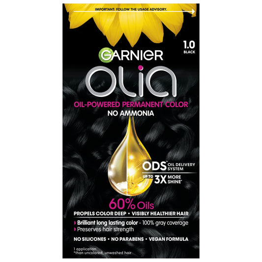 Garnier Olia Ammonia-Free Brilliant Color Oil-Rich Permanent Hair Color, 1.0 Black (Pack of 1) Black Hair Dye (Packaging May Vary) Beauty & Personal Care Garnier