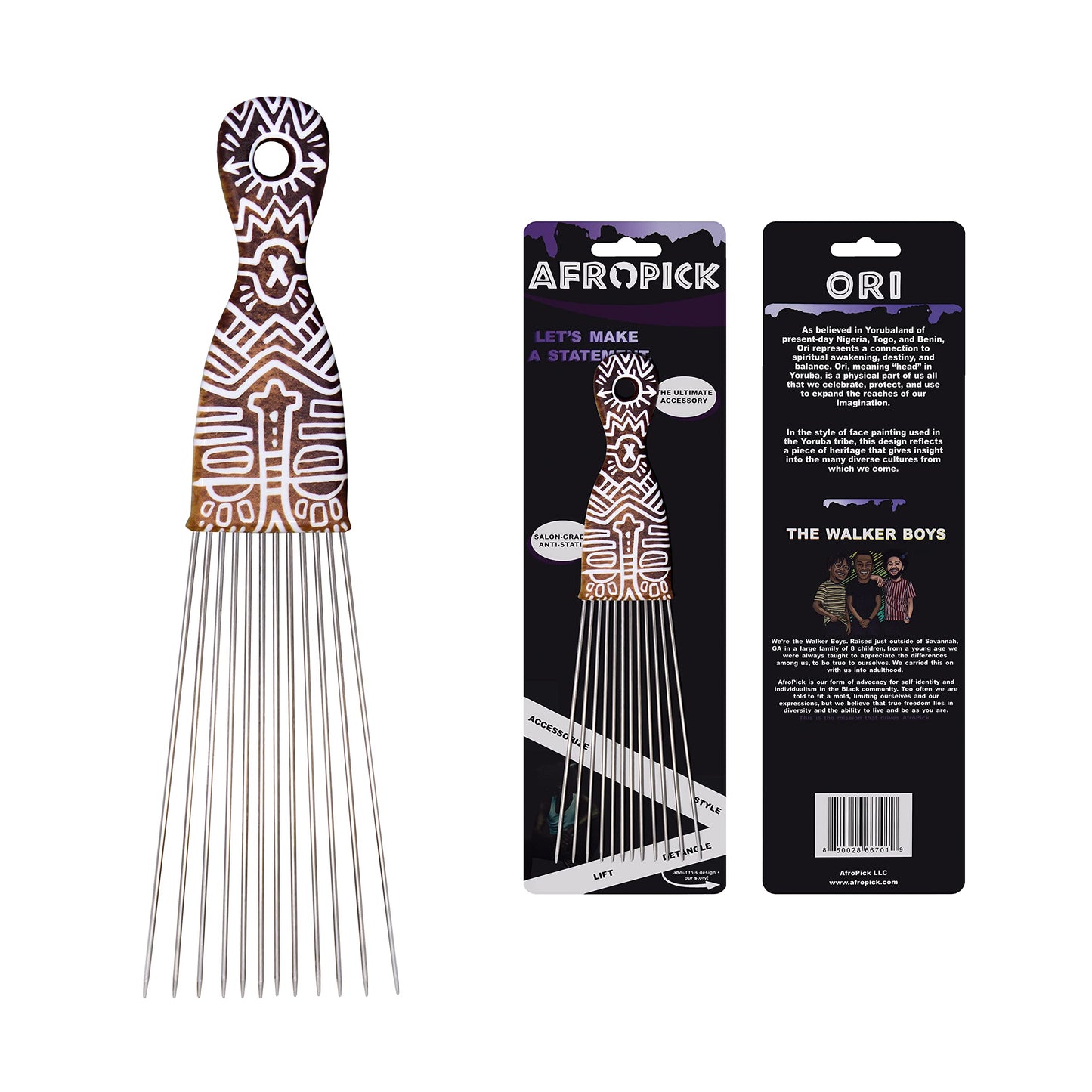 Afropick Metal Black Hair Pick for Natural Curly Long Thick Hair- Afro Pick Comb for Men, Women- African Artist Designs IMPROVED 2.0 (Ori) Beauty & Personal Care Afropick