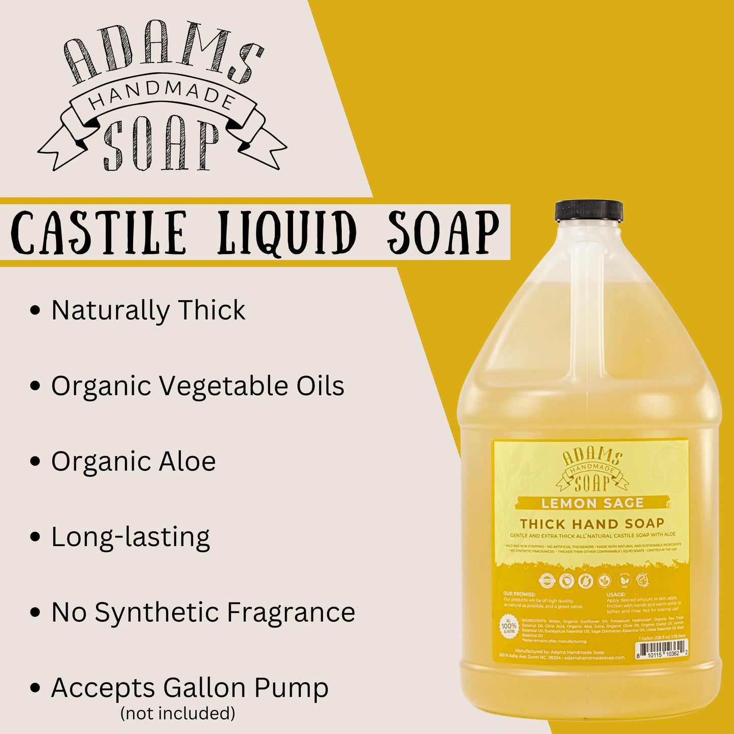 Adams Handmade Soap Thick Organic Castile Liquid Hand Soap 1 Gallon Refill - Lemon Sage Beauty & Personal Care Adams Handmade Soap