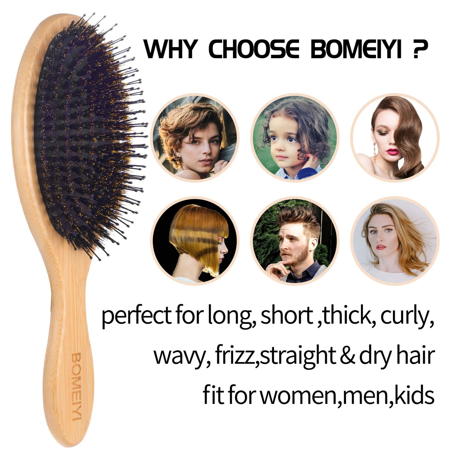 BOMEIYI Boar Bristle Hair Brush for Thick Curly Thin Long Short Wet or Dry Hair, Adds Shine and Makes Hair Smooth, Best Paddle Hair Brush for Men Beauty & Personal Care Bomeiyi